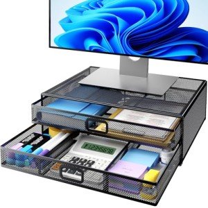Metal Monitor Stand with Drawer and Organizer