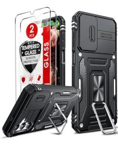 LeYi for Galaxy A14-5G Phone Case: Samsung Galaxy A14 Case with 【2 Pack】 Tempered Glass Screen Protectors, Magnetic Stand & Slide Camera Cover Funda para Samsung A 14 5G Android Cell, Black