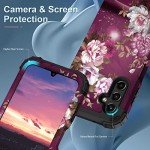 Hocase Heavy Duty Shockproof Protection Soft Silicone Rubber Bumper+Hard Plastic Hybrid Protective Case for Samsung Galaxy A14 5G (6.6" Display) 2023 - Burgundy Flowers