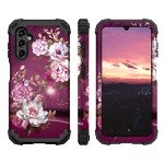 Hocase Heavy Duty Shockproof Protection Soft Silicone Rubber Bumper+Hard Plastic Hybrid Protective Case for Samsung Galaxy A14 5G (6.6" Display) 2023 - Burgundy Flowers