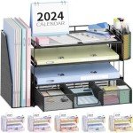 4-Tray Desktop Organizer with Drawer and Pen Holders