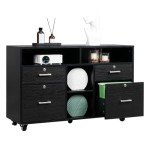 VINGLI Black Wood Mobile File Cabinet with Drawers