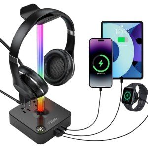 RGB Headphone Stand with USB Charging and Outlets