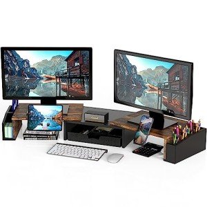 Dual Monitor Stand with Drawer, Rustic Brown