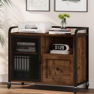 Rolling Lateral File Cabinet with Drawer - Rustic Oak
