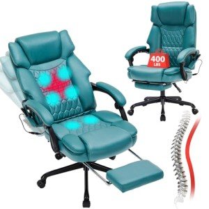 Ergonomic Massage Office Chair with Footrest - Teal Blue