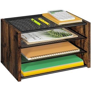 3-Tier Wooden Desk Paper Organizer - Rustic Brown