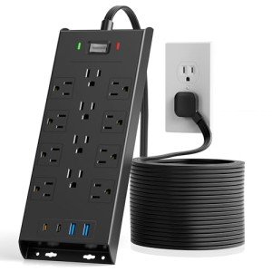 10Ft Flat Plug Power Strip with 12 Outlets & USBs