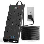 10Ft Flat Plug Power Strip with 12 Outlets & USBs