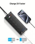 10Ft Flat Plug Power Strip with 12 Outlets & USBs