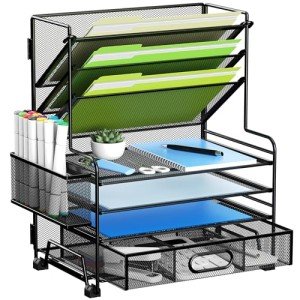 4-Tier Paper Organizer with File Holder and Pen Holders