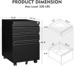 MIIIKO Black Metal Rolling File Cabinet with Lock