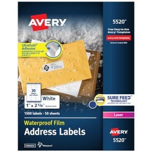 Waterproof Printable Address Labels, 1" x 2-5/8", 1500 Pack