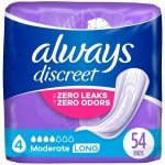 Always Discreet Adult Moderate Long Incontinence Pads, Up to 100% Leak-Free Protection, 54 Count (Packaging May Vary)