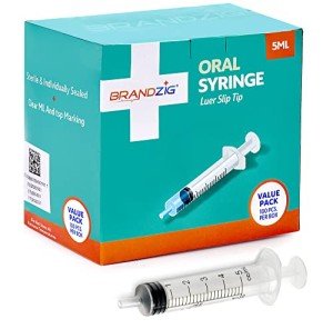 5ml Oral Syringes - 100 Pack – Luer Slip Tip, No Needle, Individually Blister Packed - Medicine Administration for Infants, Toddlers and Small Pets (No Cover)