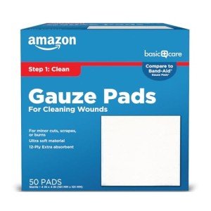 Amazon Basic Care Gauze Pads, 4x4 inches Sterile Medical Wound Dressing Sponges for Cleaning, Covering, & Cushioning Cuts & Minor Injuries, 50 Count (Pack of 1), (Previously All Health)