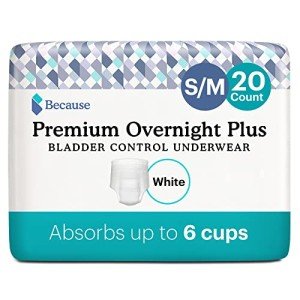 Because Overnight Absorbency Pull Ups - Adult Disposable Incontinence Underwear, Extra Absorbent Nighttime Pull Ups for Men and Women, White, Small/Medium, 20 Count