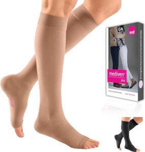 mediven Plus for Men & Women, 20-30 mmHg – Knee High Compression Socks with Silicone Top Band, Open Toe Leg Circulation, Opaque Leg Support Compression Coverage, V, Standard, Beige