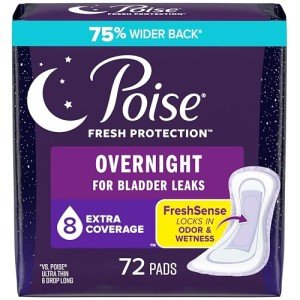 Poise Overnight Incontinence Pads, Extra Coverage, 72 Count