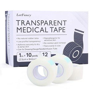 LotFancy Hypoallergenic Clear Medical Tape - 12 Rolls