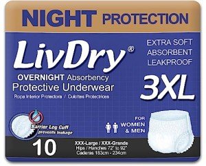 LivDry Adult Incontinence Underwear, Overnight Comfort Absorbency, Leak Protection (XXX-Large (10 Count))