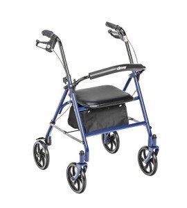 Drive Medical 10257BL-1 4 Wheel Rollator Walker With Seat, Steel Rolling Walker, Height Adjustable, 7.5" Wheels, Removable Back Support, 300 Pound Weight Capacity, Blue