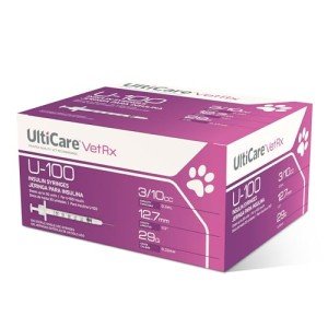 UltiCare VetRx U-100 Pet Insulin Syringes, Comfortable and Accurate Dosing of Insulin for Pets, Compatible with Any U-100 Strength Insulin, Size: 3/10cc, 29G x 1/2’’, 100 ct Box
