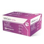 UltiCare VetRx U-100 Pet Insulin Syringes, Comfortable and Accurate Dosing of Insulin for Pets, Compatible with Any U-100 Strength Insulin, Size: 3/10cc, 29G x 1/2’’, 100 ct Box