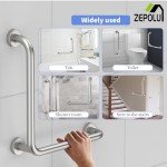 Brushed Nickel Angled Grab Bar 16 Inch, Zepolu Stainless Steel L-Shaped Safety Grab Rail, Bathroom Mobility Aid Handrail, Wall Mounted Balance Support Assist Shower Handle for Senior Elderly Handicap