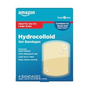 Amazon Basic Care Advanced Fast Healing Hydrocolloid Gel Bandages, Large Adhesive Wound Dressing for First Aid, 2.3 x 3 inches (4 Count)