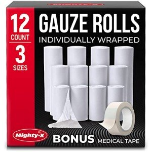 Premium Gauze Rolls - 12pk/3 Sizes - [4x2”, 4x3”, 4x4”] - 4.1yd Length - Individually Wrapped Rolled Gauze + Bonus Tape - Conforming Breathable Gauze Wrap Roll for Wounds