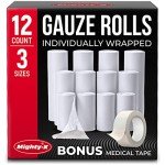 Premium Gauze Rolls - 12pk/3 Sizes - [4x2”, 4x3”, 4x4”] - 4.1yd Length - Individually Wrapped Rolled Gauze + Bonus Tape - Conforming Breathable Gauze Wrap Roll for Wounds