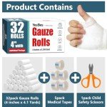 YesBes 32 Pack Gauze Rolls, 4 in x 4.1 Yards, Premium Gauze Wrap Roll for Wounds, Bandage Wrap Rolled Gauze, Mummy Wraps, Individually Wrapped