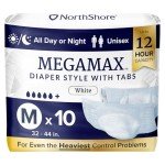 NorthShore MegaMax Adult Overnight Diapers, 12-Hour Tab-Style, Medium, 10 Count Bag, White, 32-44 inches, Unisex Incontinence Underwear