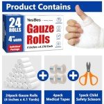 YesBes 24 Pack Gauze Rolls, 4 in x 4.1 Yards, Premium Gauze Wrap Roll for Wounds, Bandage Wrap Rolled Gauze, Mummy Wraps, Individually Wrapped