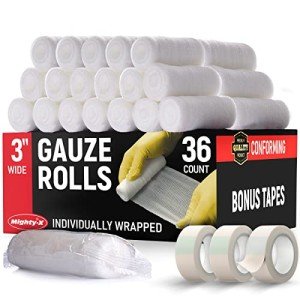 Premium Gauze Rolls - (36 Pack) - 3" x 4.1yd First Aid Rolled Gauze - Individually Wrapped + 3 Free Bonus Tapes - Conforming Breathable Gauze Wrap Roll for Wounds - Mummy Wraps