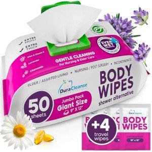 XL Bath Wipes for Adults Bathing No Rinse - 50 Count + 4 Travel Wipes - 9"x12" Disposable Washcloths for Adults - Surgery Recovery Supplies, Elderly Incontinence & Health Care Products