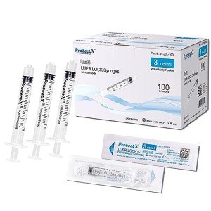 ProtectX 3ml Disposable Luer Lock Sterile Syringe (No needle), Individually Sealed, Smooth and Accurate Dispensing for Science Labs, 100-Pack
