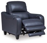 Blue Leather Power Recliner with Adjustable Headrest