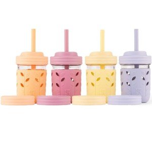 Kids' Glass Mason Cups with Silicone Sleeves & Straws