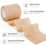 JHGIC Self Adhesive Bandage Wrap,Bandage Tape,Medical Tape,Vet Tape,Athletic Tape Gauze,First Aid Non Woven Rolls, Stretch Athletic, Ankle Sprains & Swelling, Sports(Nude Color,16 Rolls,1inch*5Yards)