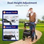 VOCIC Walkers for Seniors,Foldable Walker with Seat,Rollator Walker with Durable Aluminum,8" Big Wheels for All Terrain, Ergonomic Seat and Backrest,Dual Adjustable Height Rolling Walker| Pashion Blue