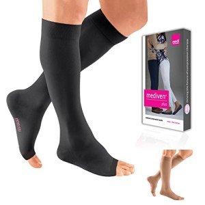 mediven Plus for Men & Women, 20-30 mmHg – Knee High Compression Socks with Silicone Top Band, Open Toe Leg Circulation, Opaque Leg Support Compression Coverage, V, Extra Wide, Petite, Black