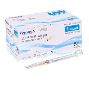 ProtectX 50 Pack 1ml/cc Syringe with 25G 1 Inch Needle Luer Slip Disposable Syringe for Scientific Labs, Industrial Dispensing Animal and Pet Supplies, Individually Sealed Packed