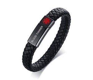 Men's Leather Medical ID Wristband - Blood Thinner Alert