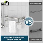 Brushed Nickel Towel Grab Bar 24 Inch - 1.25” Diameter, Zepolu Stainless Steel Safety Bar w/Towel Holder, Shower Assist Balanced Support Handle, Wall Mounted Bathroom Grab Rail for Senior Elderly