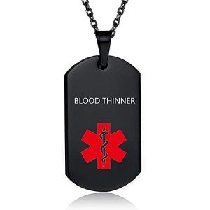 Blood Thinner Medical Alert ID Necklace - Black Steel