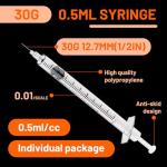 0.5cc 30G Disposable Insulin Syringes, 100 Pack
