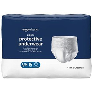 Amazon Basics Unisex Protective Underwear, Overnight Absorbency, Small/Medium, 16 Count, (1 Pack of 16)