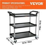 VEVOR Heavy Duty Utility Cart - 3 Shelves, 154LBS Capacity